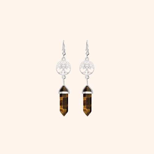 Boucles d'oreilles oeil de tigre arbre de vie citrine